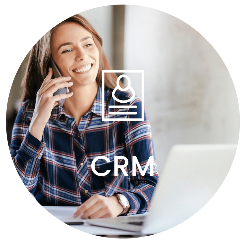 photo of young woman talking on the phone and smiling with the word CRM centered over the image in white letters