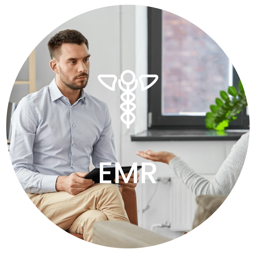 photo of young man with clipboard listening intently to colleague with the word EMR centered over the image in white letters