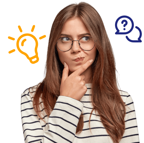 photo of a young bespectacled woman holding her chin while thinking with cartoonish yellow light bulb near her head