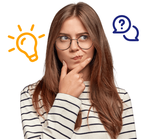 young woman in glasses looking thoughtful with a cartoon-like yellow lightbulb next to her head
