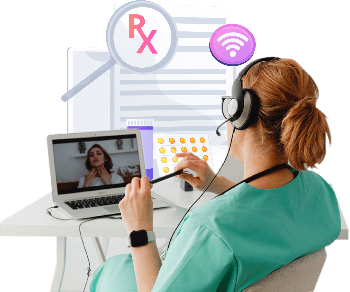 female medical professional sitting in front of laptop engaging in telehealth session with female patient