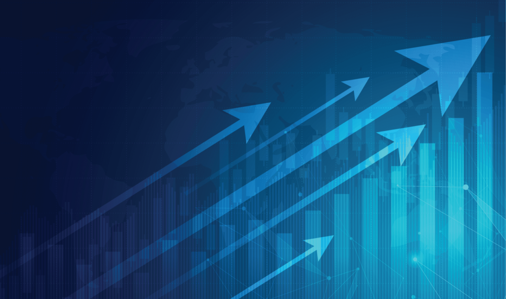 blue graphic showing arrows pointing up and to the right against a background of bar graphs and a map of the world indicating international growth