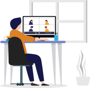 cartoonish image of person sitting in front of computer screen with four other people on screen for a virtual meeting
