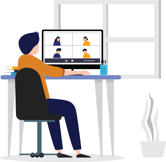 cartoonish image of person sitting in front of computer screen with four other people on screen for a virtual meeting