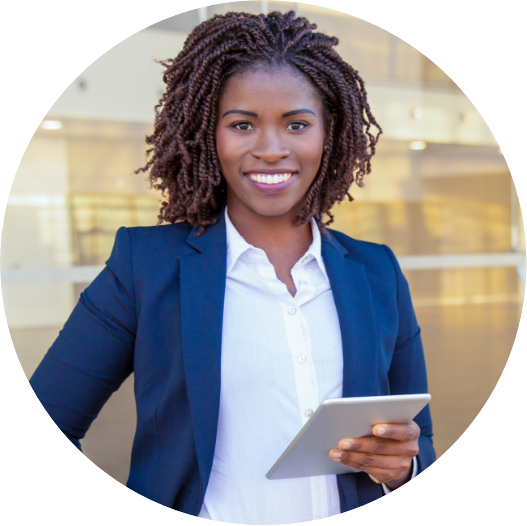 professional young woman holding a tablet and smiling into camera