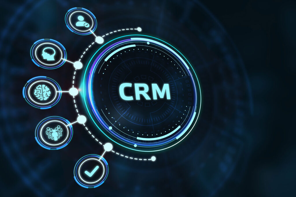 a digital image that reads "CRM" with connected icons