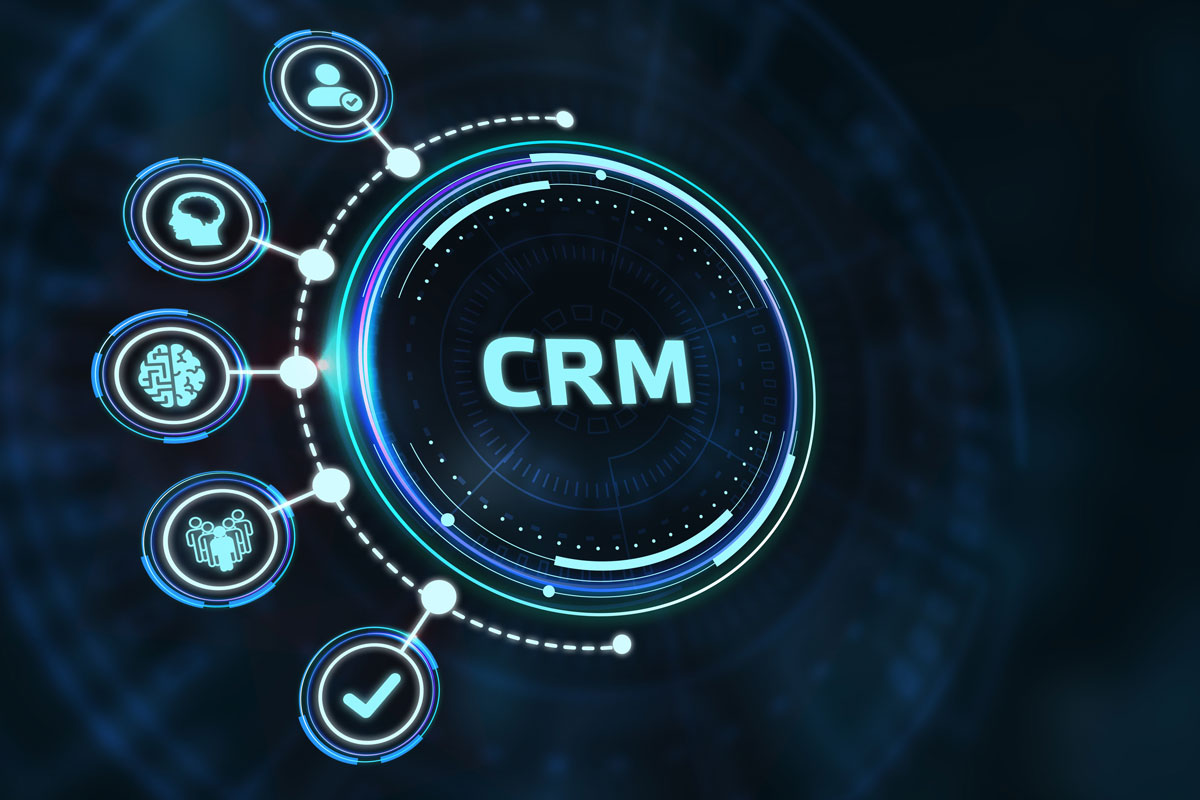 a digital image that reads "CRM" with connected icons