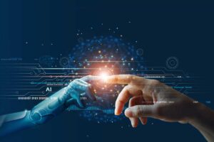 a human and robot finger touch to represent how AI and automation are transforming behavioral health EMRs