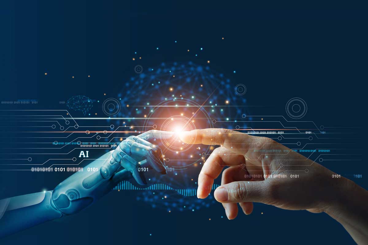 a human and robot finger touch to represent how AI and automation are transforming behavioral health EMRs